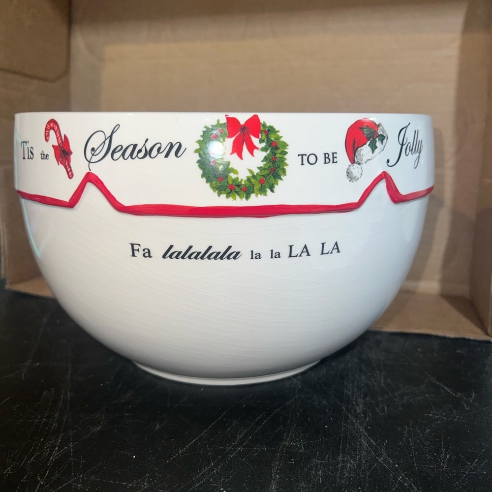 Magenta Festive White Bowl with Red and Green Accents